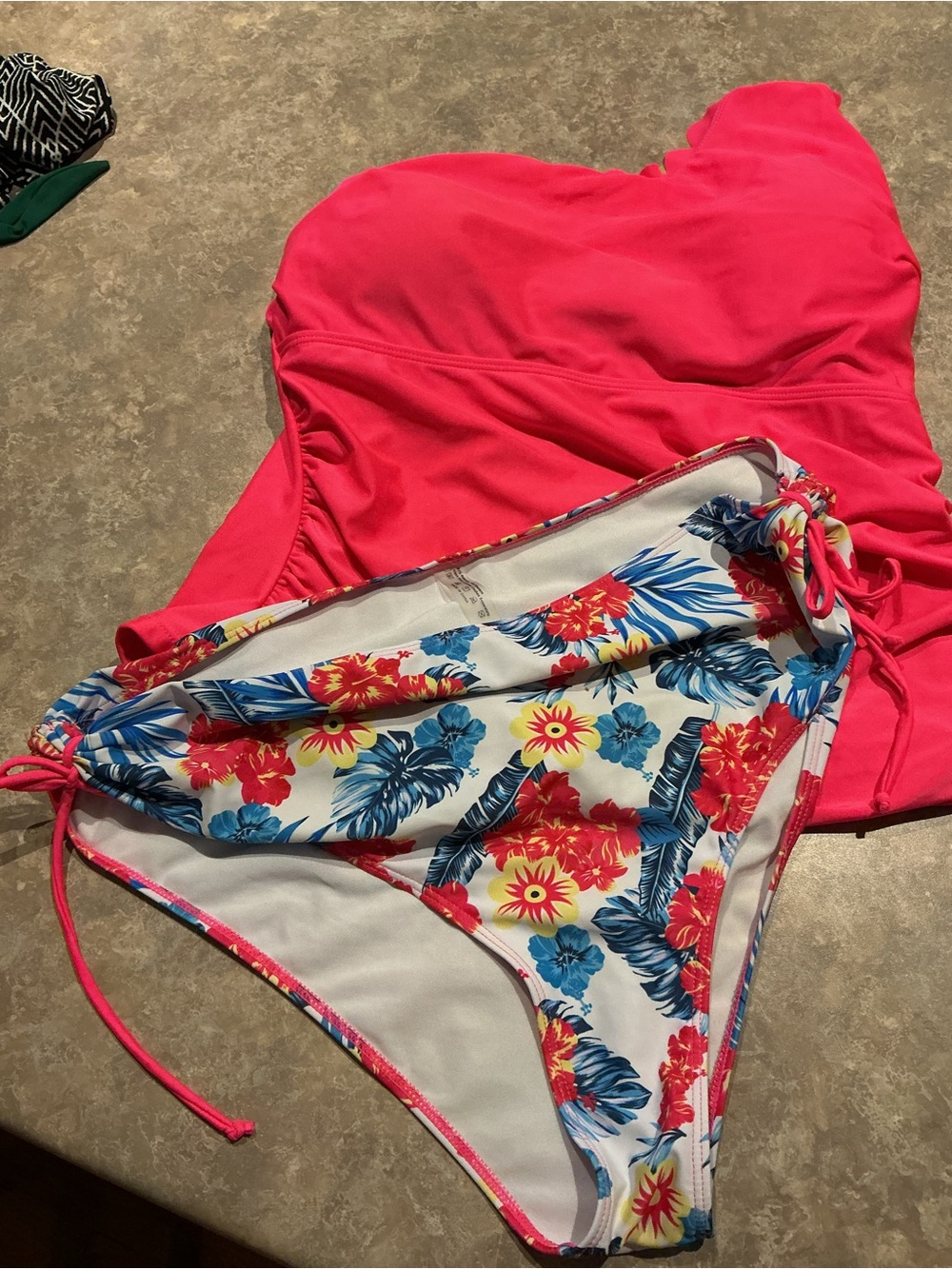 One Shoulder Hot Pink Two-Piece Tropical Bikini Bottoms Blue Yellow Flowers
